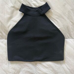 Free people movement navy blue ribbed high neck crop top.